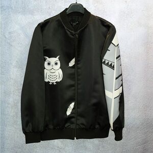 Unisex Costum Boutique Black and White Owl Print satin bomber Jacket